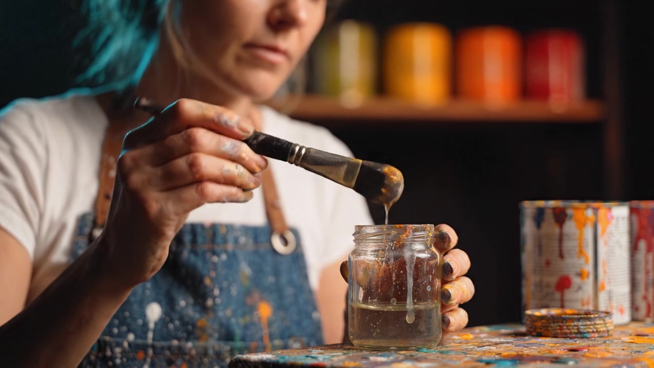 Un'Artista Prepara con Cura Pennelli e Colori in uno Studio Colorato, Mostrando il Processo Creativo di Arte e Maestria con Precisione