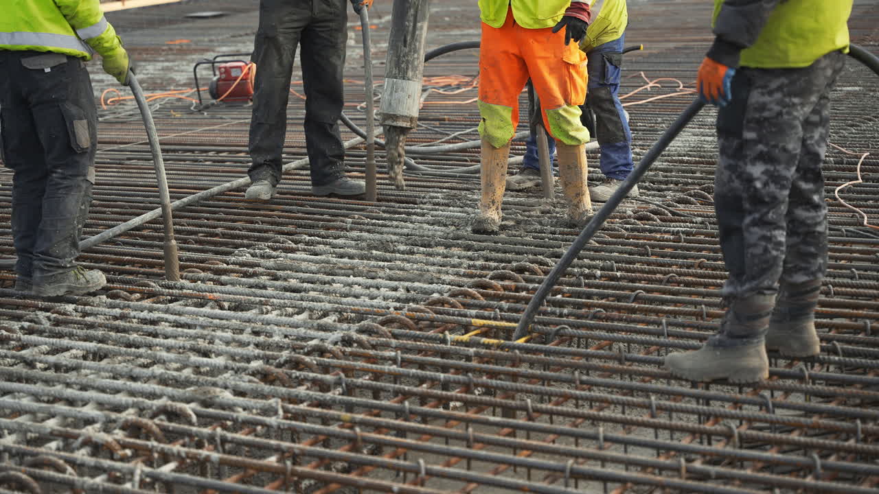 Construction workers pumping asphalt into metal grid from iron rods