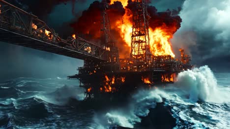 an oil rig in the middle of the ocean on fire