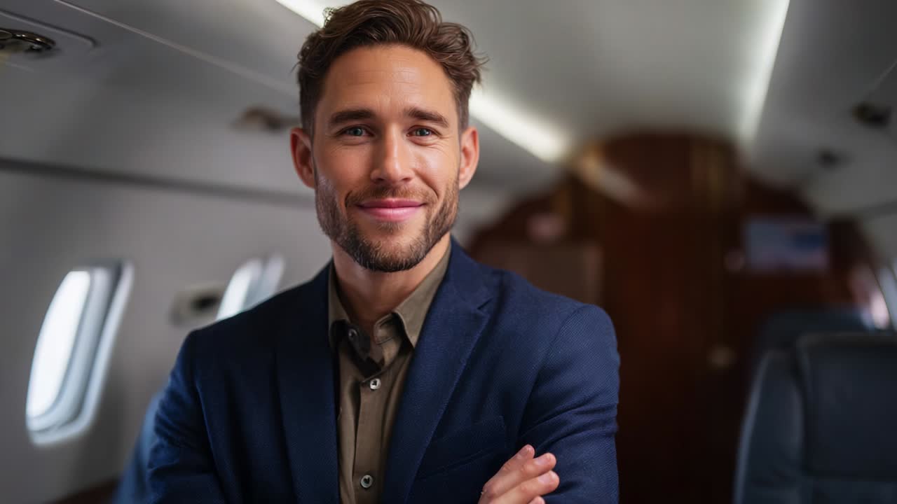 A Confident Man in a Business Suit Enjoys the Luxurious Interior of a Private Jet, Captured at Two Moments, Showcasing a Professional Atmosphere and an Inviting Environment for Travel