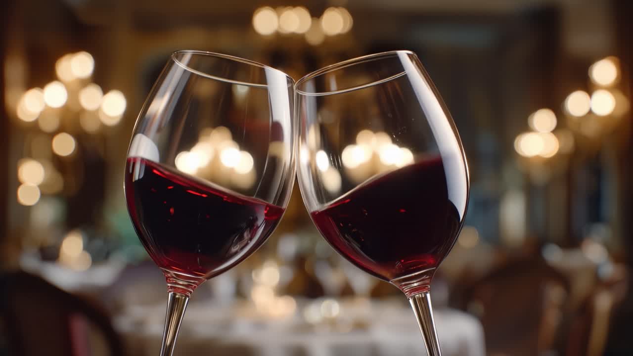 Dos copas de vino tintinean suavemente en un resplandor cálido. Vino tinto intenso llena cada copa, brillando bajo una luz suave. Una mesa y sillas descoloridas se difuminan suavemente en el fondo. El lujo y la celebración llenan el ambiente elegante.