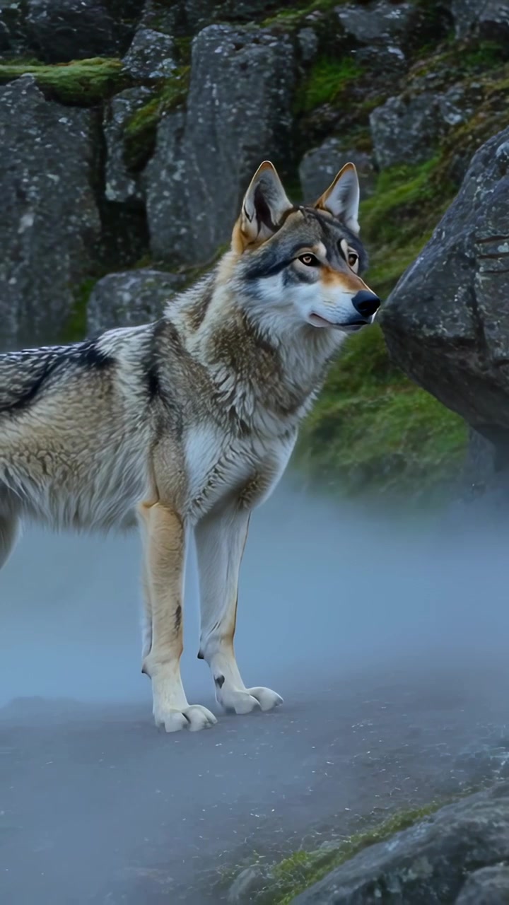 Vertical video: Lifting head adult wolf scanning rocky moss-covered slope, with low-lying mist