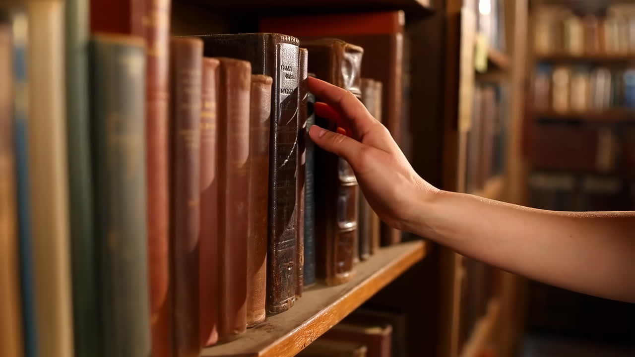 Hand Reaching for a Book on a Bookshelf in a Library