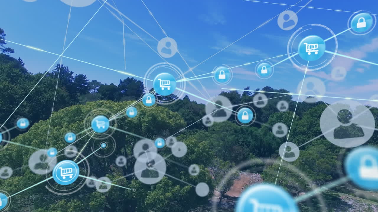 풍경 배경 위의 아이콘으로 연결 네트워크의 애니메이션