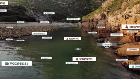 animation of social media icons and rocky shore with sea landscape