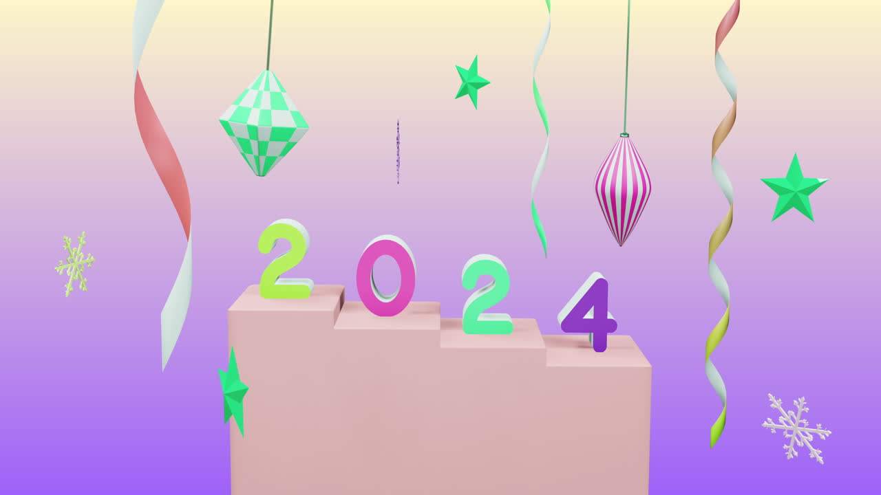 animación del número 2024 sobre el año nuevo y las decoraciones de navidad sobre fondo púrpura