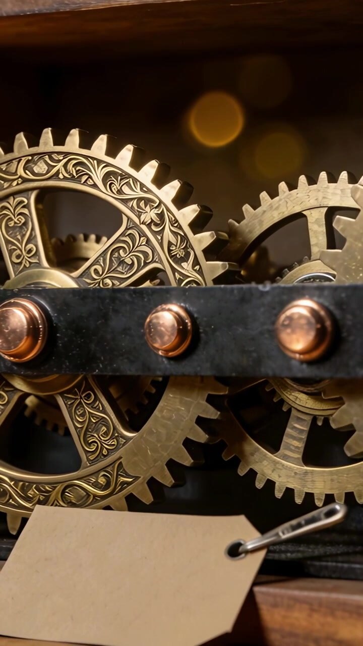 Vertical video: Panning ornate gear assembly, gears turning and tag tilting in frame, with bokeh