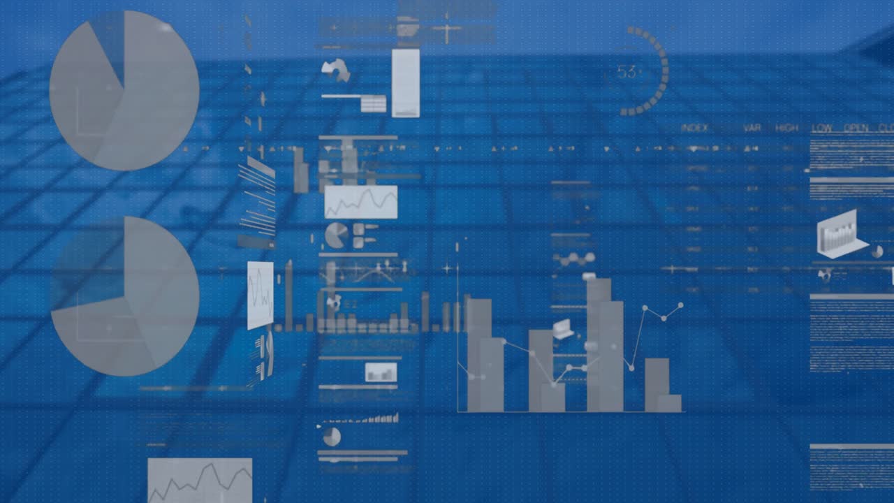 animación del procesamiento de datos estadísticos frente a una vista de ángulo bajo de un edificio alto