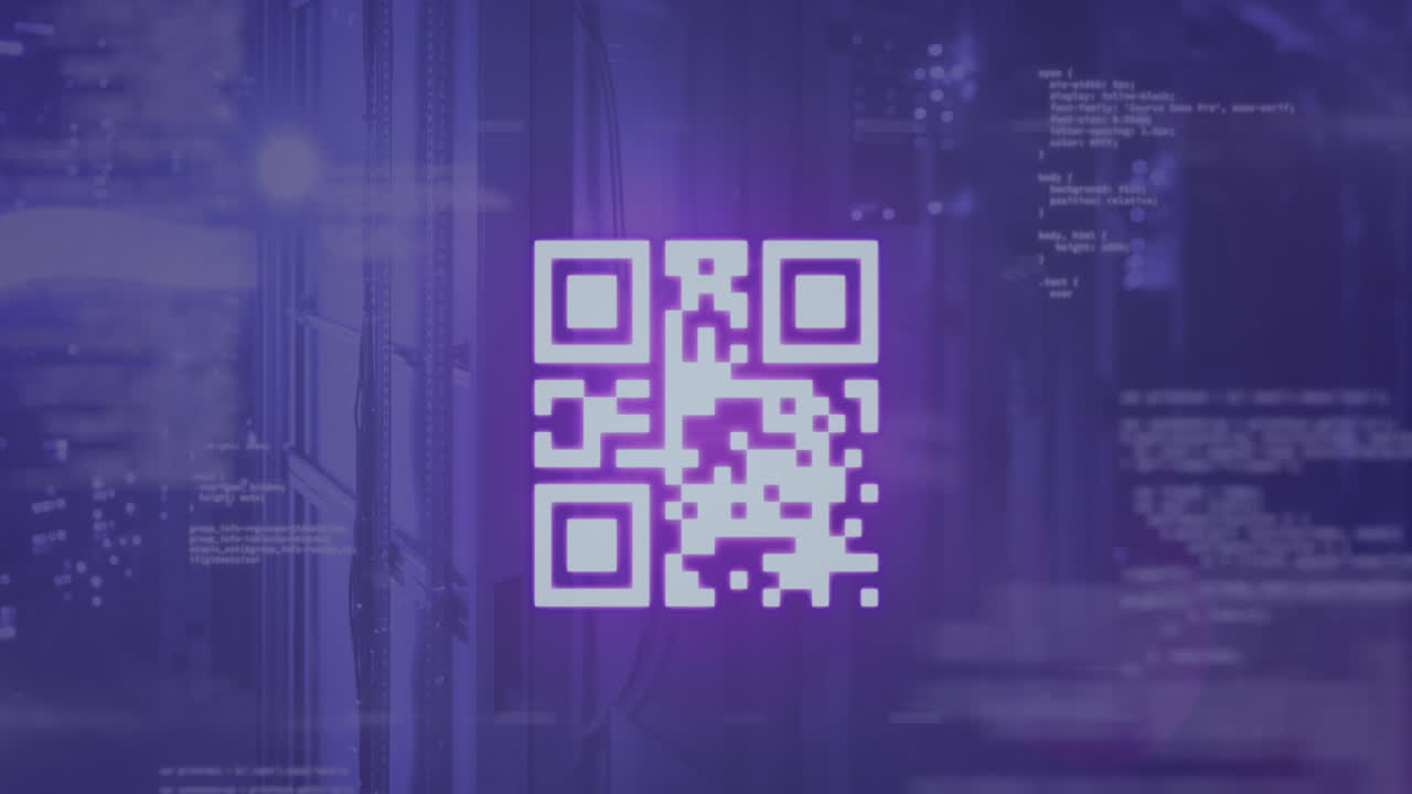 Animation of qr code over computer language against server room in background