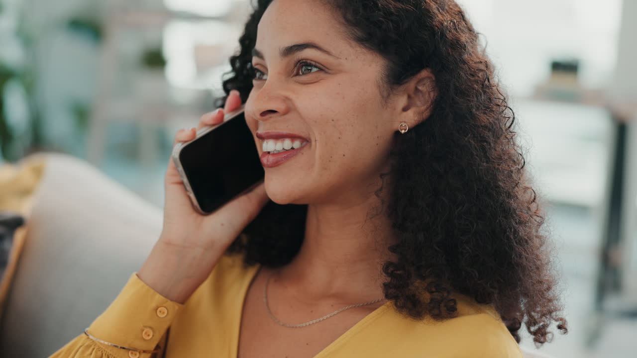 Phone call, smile and woman talking in city