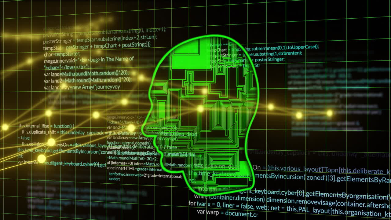 silueta de cabeza humana con animación de codificación y procesamiento de datos sobre cuadrícula verde