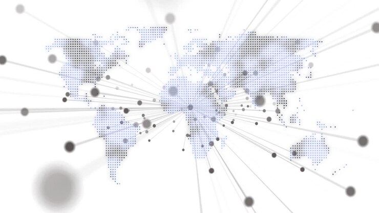 Animation of network of connections over world map on white background
