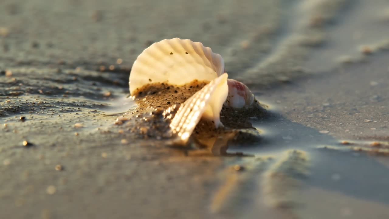 Marea fluyendo suavemente, empujando conchas, mostrando su interior rosado, formando ondulaciones y charcos que reflejan como espejos para diseño