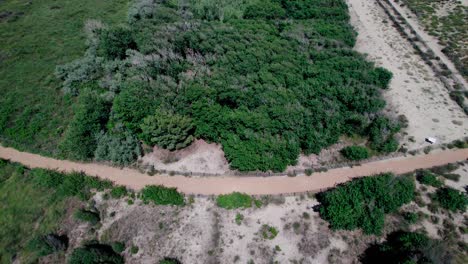 Aerial-tilting-upwards-shot-over-the-bushed-area-behind-the-Plage-du-Grand-Travers