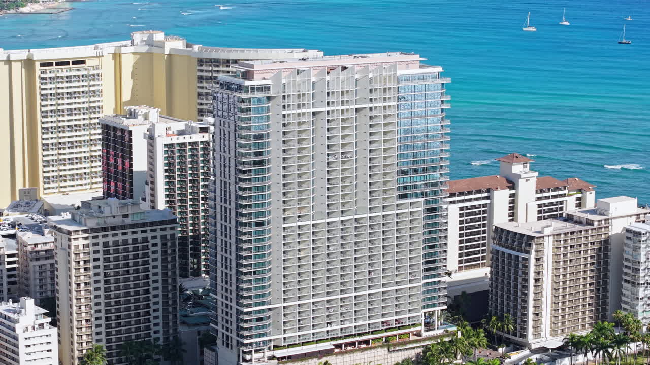 Honolulu, Hawaii USA. Aerial View of Beachfront Condominiums and Hotels Along Waikiki Beach, Drone Shot