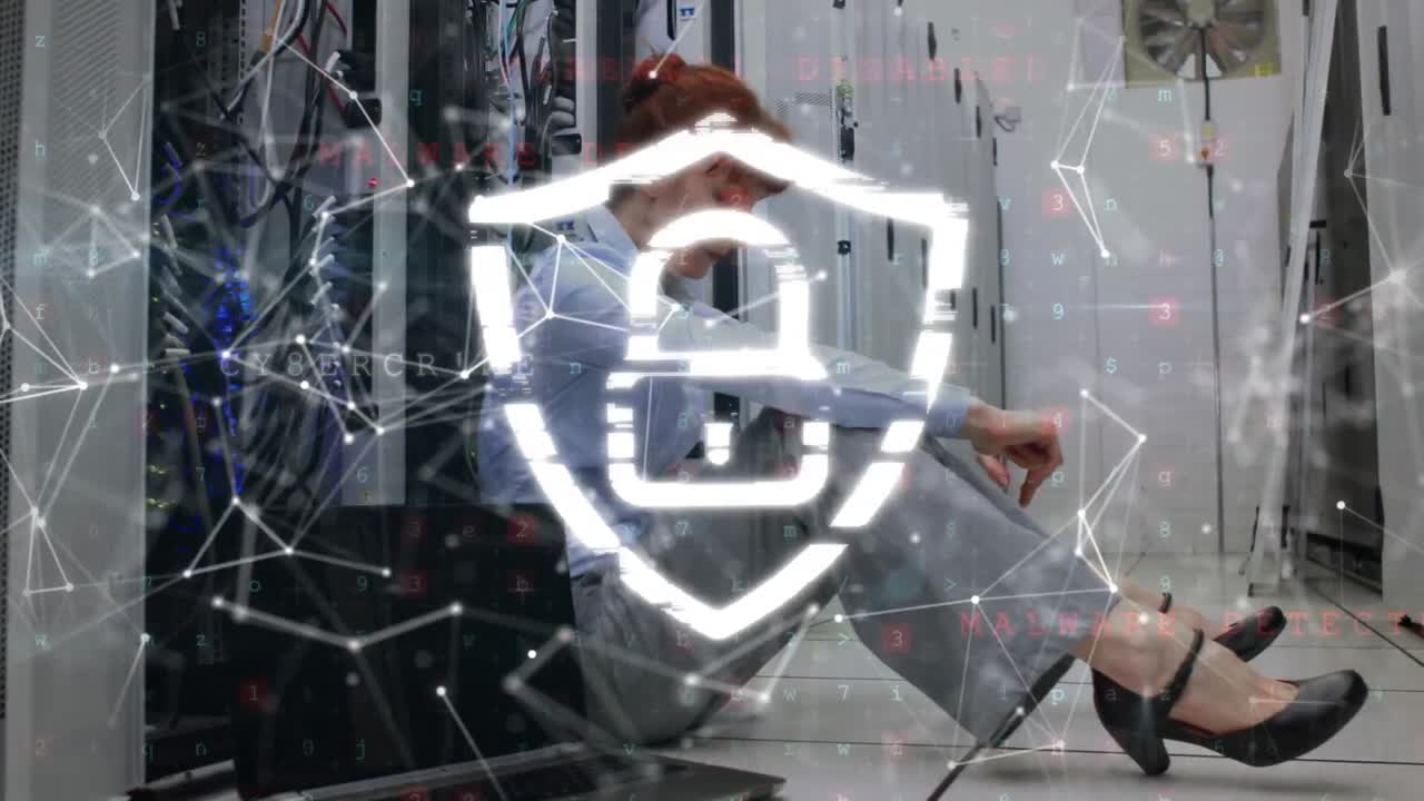 Animation of padlock and network of connections over woman sitting in computer server room