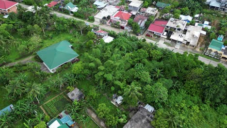 Flyover-Shot-of-Tropical-Town-Village-with-lush-greenery-and-low-level-infrastructure