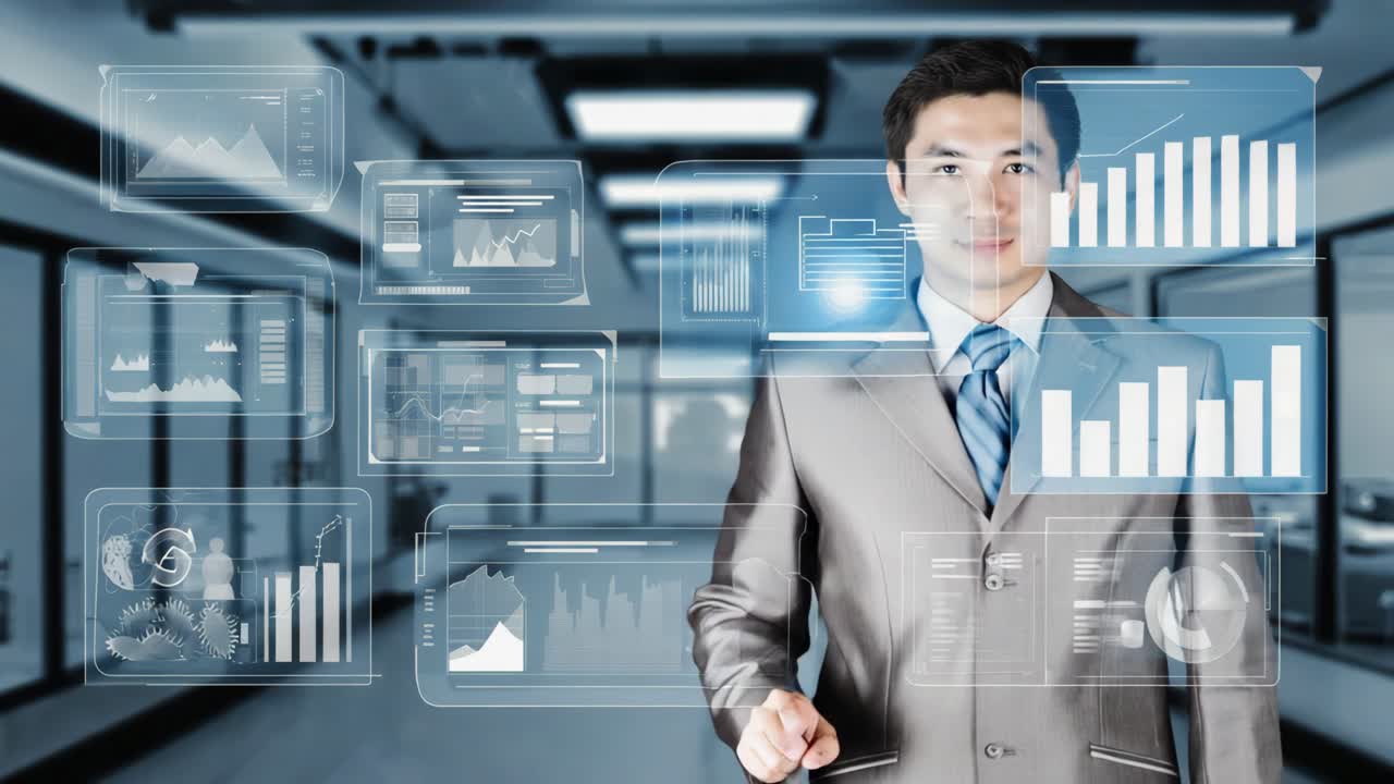 Businessman Interacting with Futuristic Holographic Data Interface