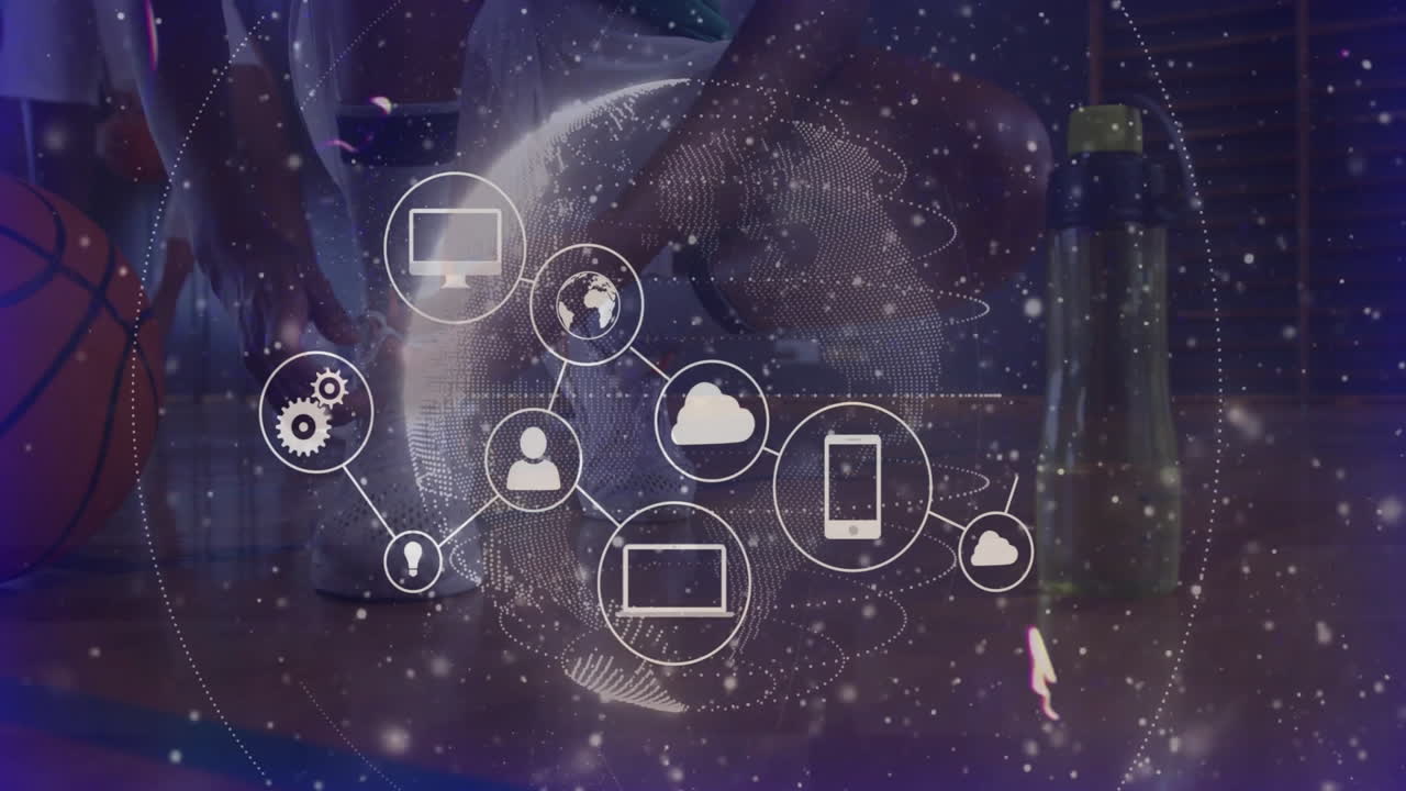Digital network icons and data processing animation over basketball court scene