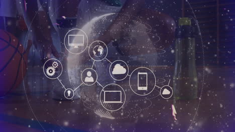 digital network icons and data processing animation over basketball court scene