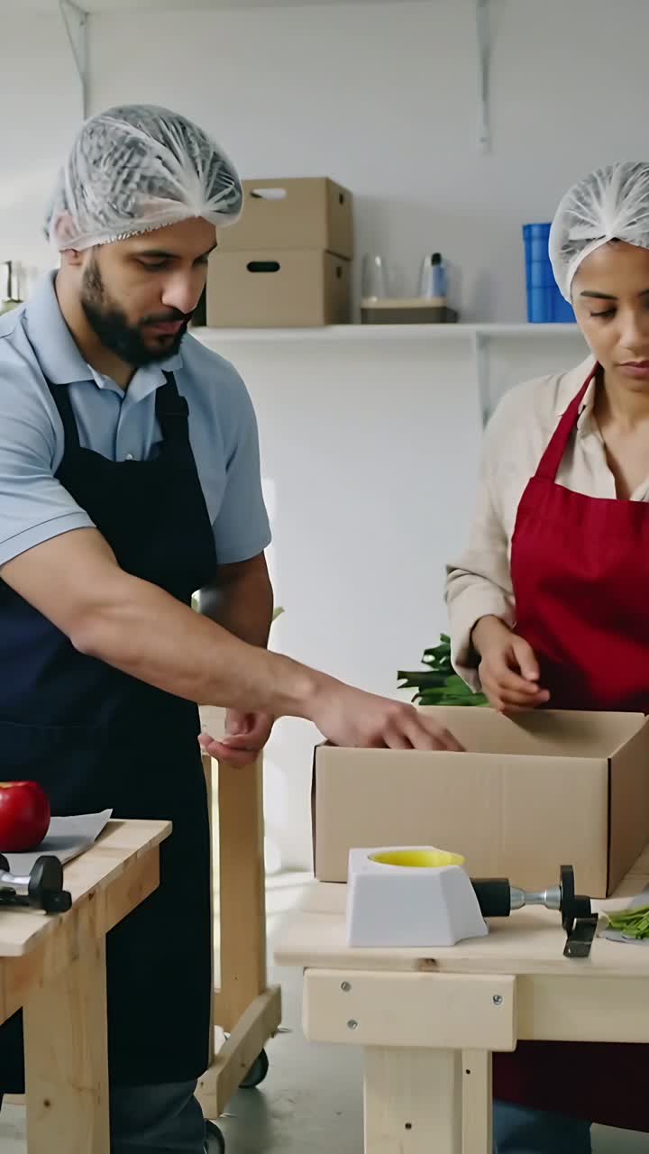 Video vertical: Abriendo una caja, mujer con delantal rojo empacando zanahorias, hombre con camisa azul inspeccionando una manzana.
