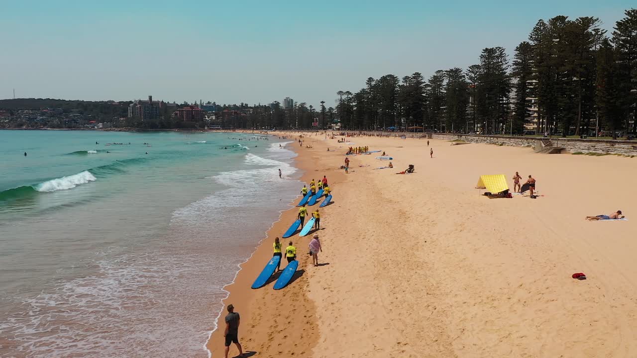 Aerial view along Manly beach in Sydney. Surf school walking along beach with surfboards going for a surfing lesson on beautiful coastline. Australia.