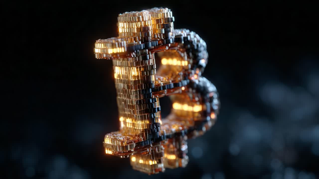 An Artistic Representation of the Bitcoin Symbol, Showcasing Intricate Details and Bright Highlights Against a Dark, Blurred Background in a High-Tech Digital Style