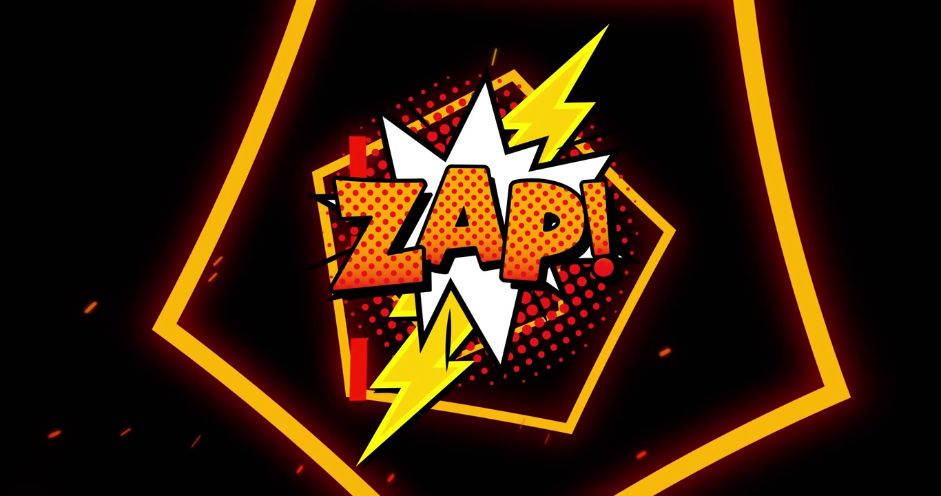 Zap-tekstin animaatio oranssien muotojen päällä mustalla taustalla