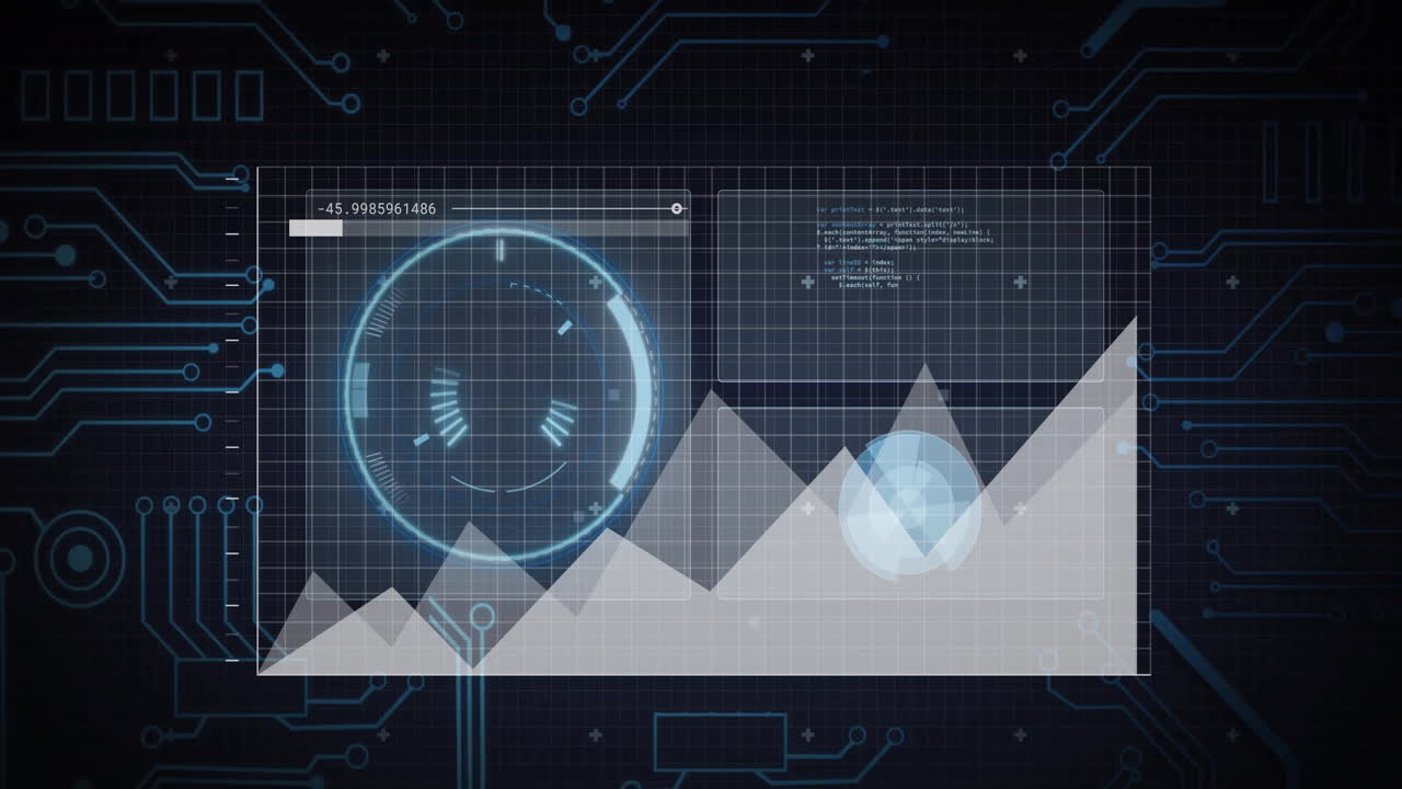 Rising graph animation on futuristic digital chart with circular interface grid