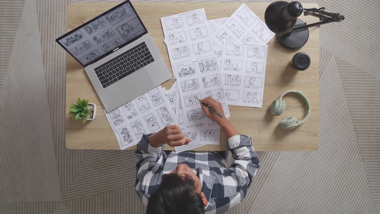 vista superior del sueño menos artista masculino asiático bostezando mientras dibuja el guión gráfico en la mesa con una computadora portátil y auriculares en el estudio