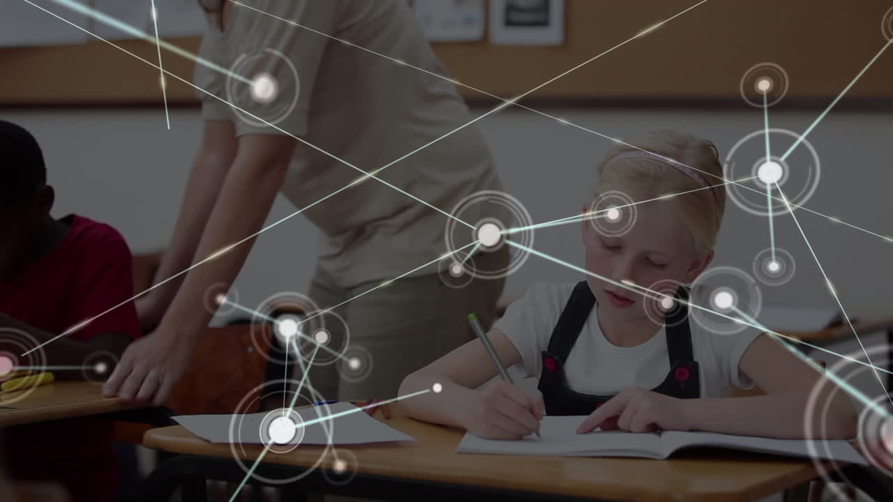 Animation of network of connections over schoolgirl writing