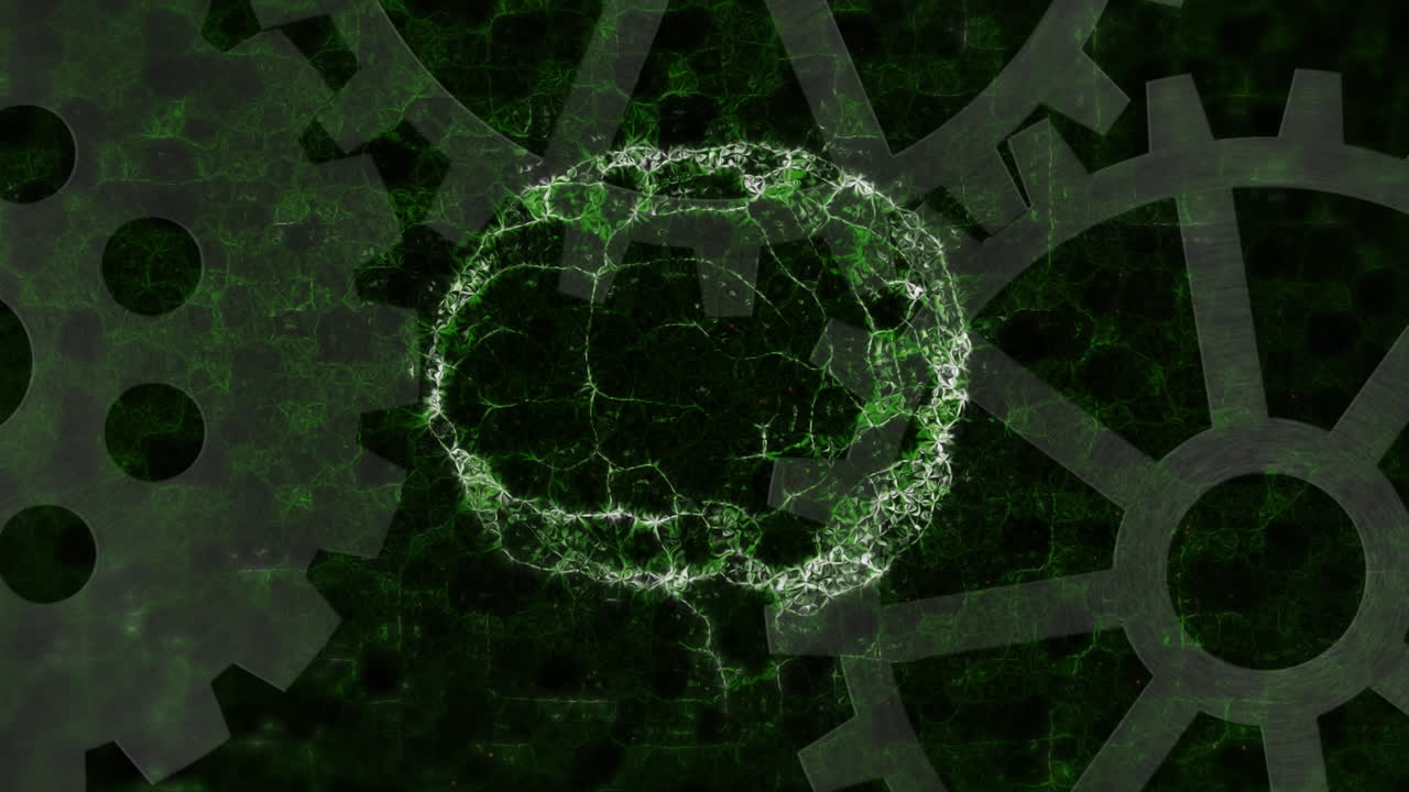 animación del cerebro rotando sobre los engranajes sobre un fondo negro