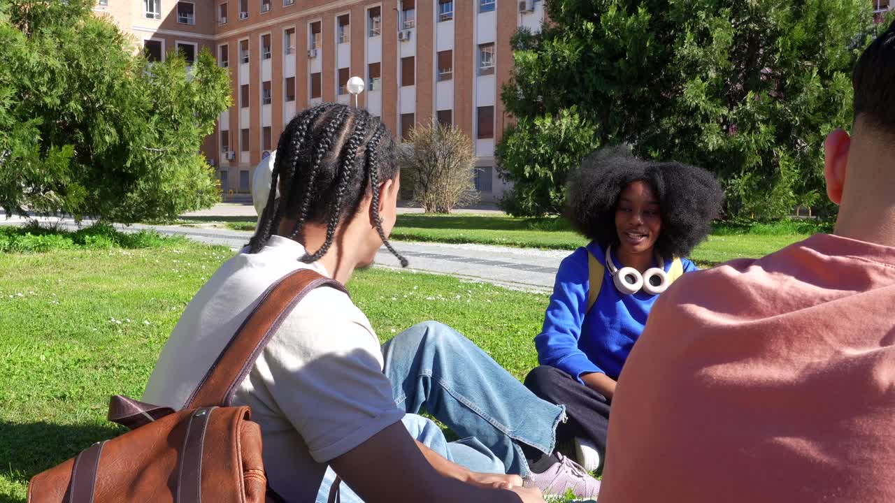 Diverse Young Friends Talking and Smiling on University Campus Grass