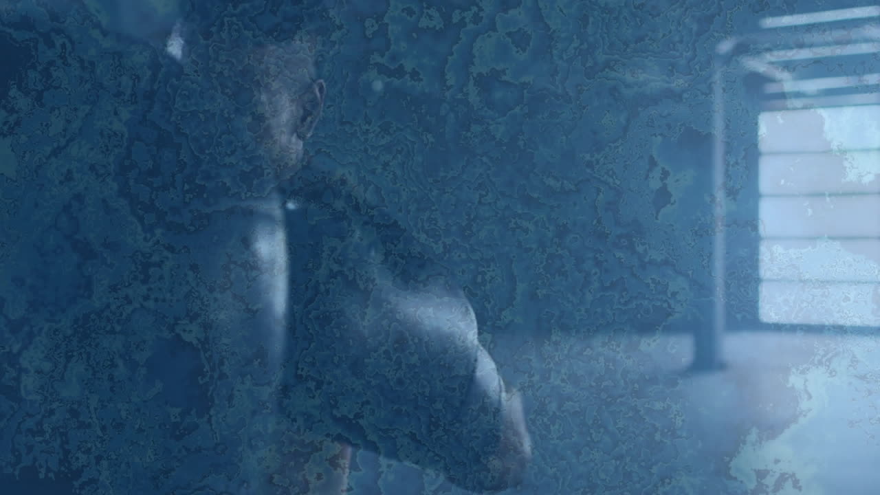 In school, man standing in dimly lit room with animation blue overlay effect