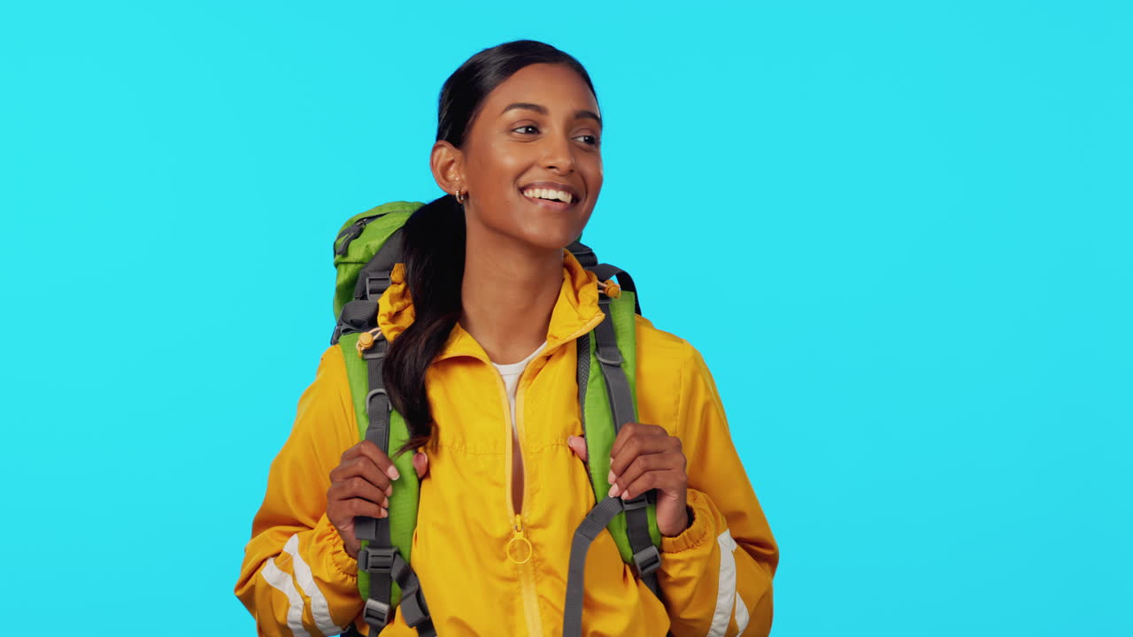 Backpack, breathe and woman face in studio