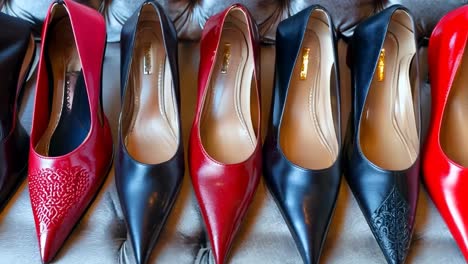 a row of women's shoes lined up in a row on a couch