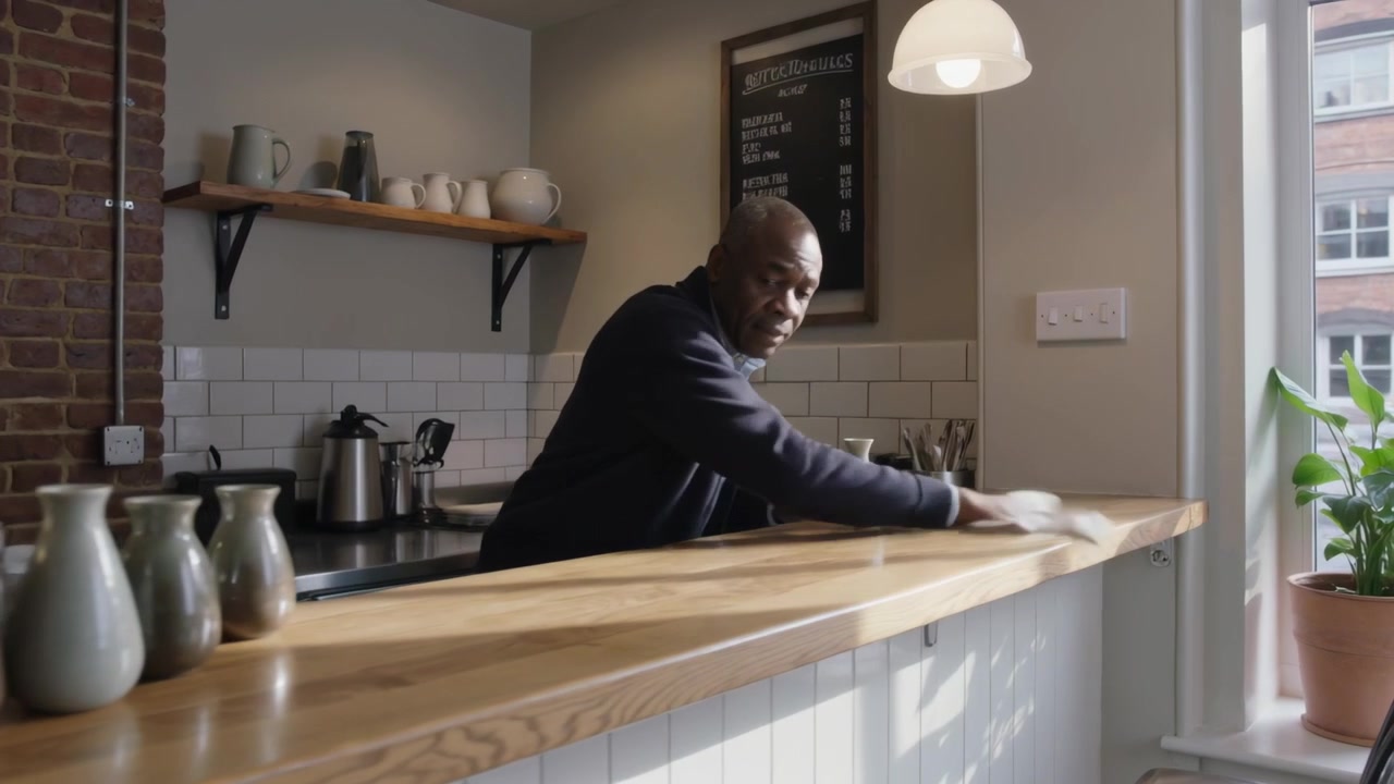 Merapikan untuk pelayanan, barista berkardigan mengelap jendela, mengelap meja kayu dengan teko dan kain lap.