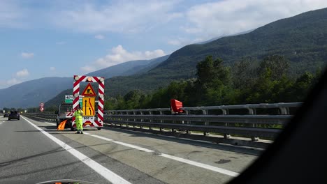 roadwork setup with traffic sign in piedmont, italy