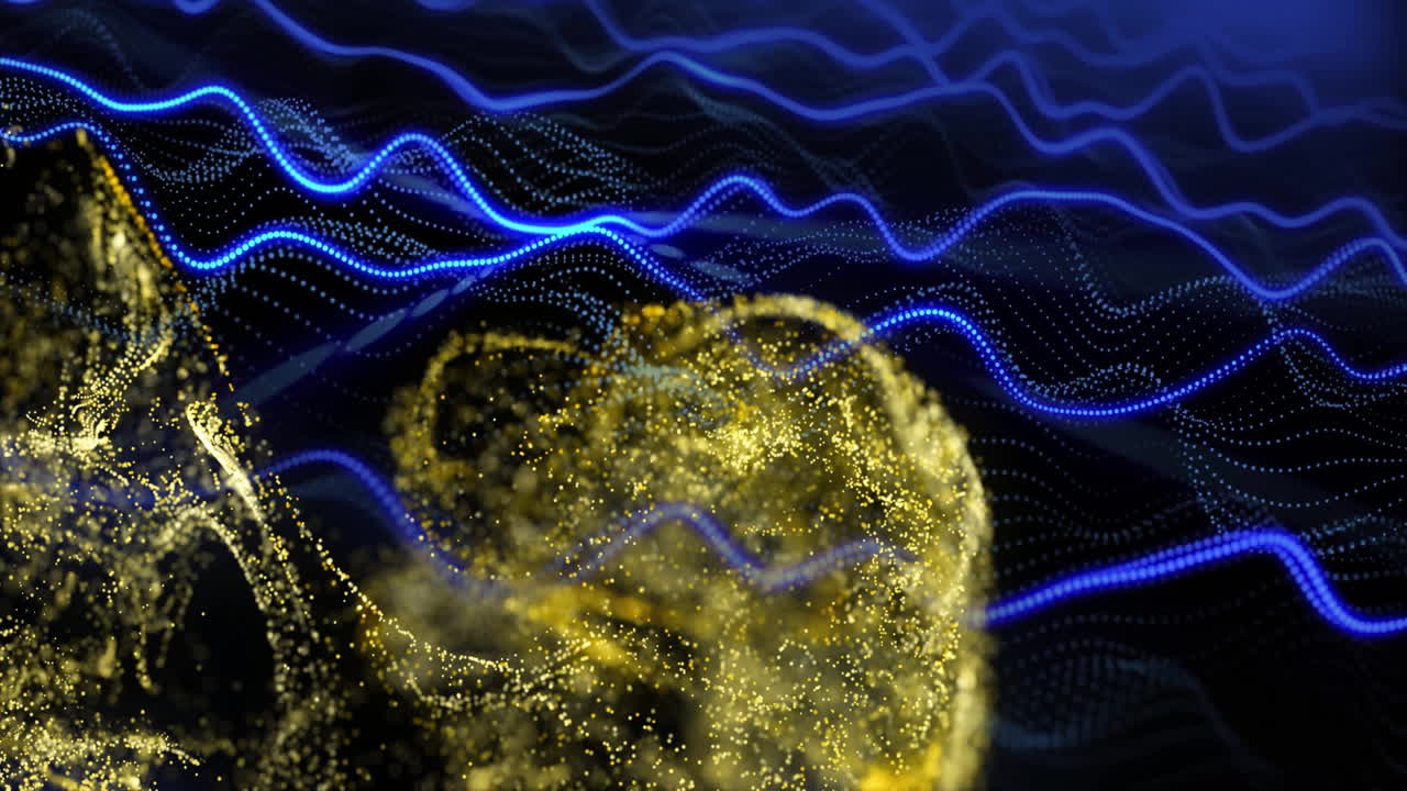 Golden particles forming abstract shape over blue wave animation