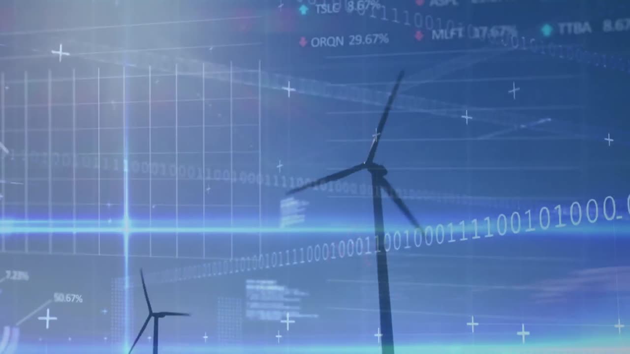 푸른 하늘을 배경으로 회전하는 풍차 위에서 통계 및 증권 시장 데이터 처리의 애니메이션