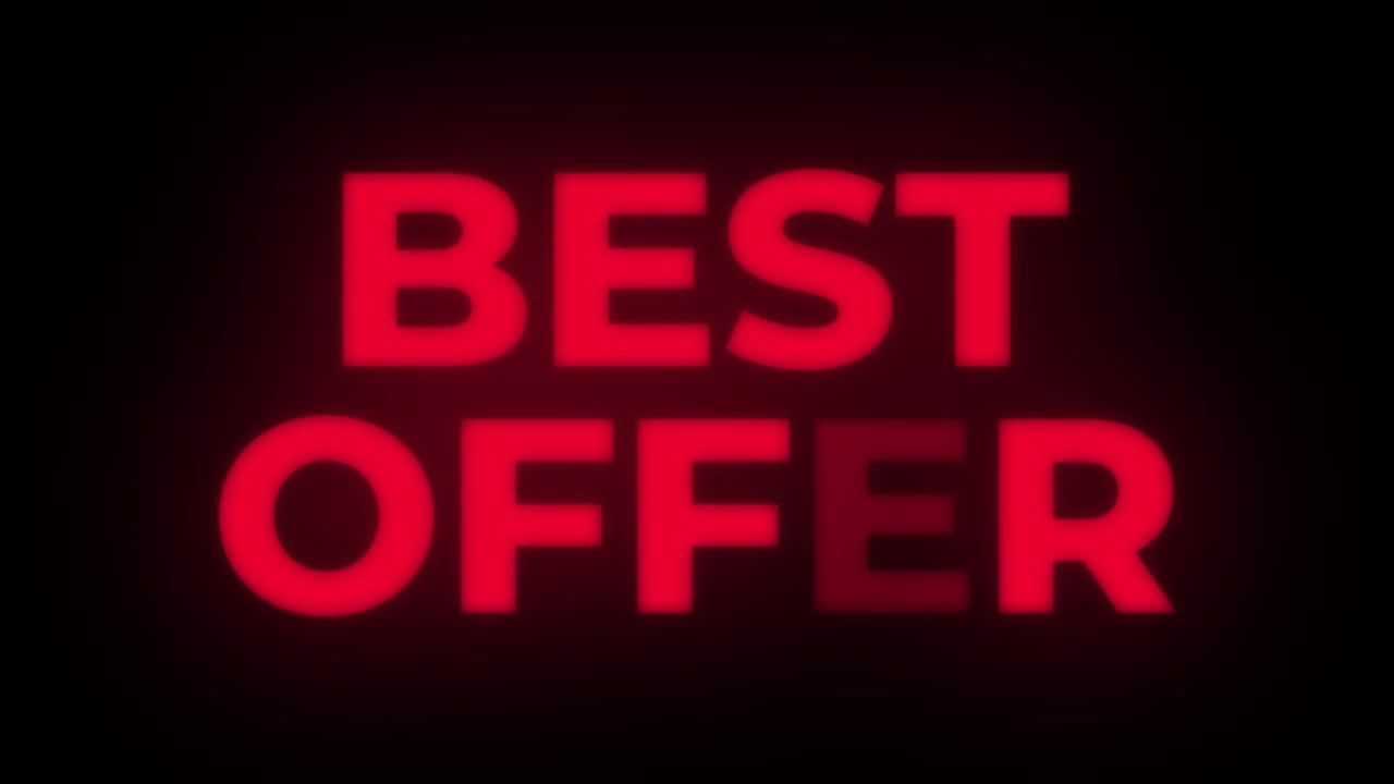 Best offer text blinking flickering neon red sign promotional loop background sale discounts deals