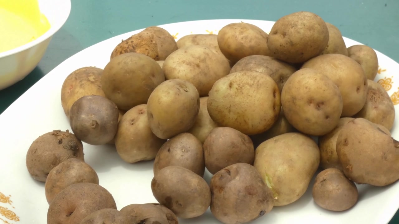 Piccole patate bollite peruviane gialle. Diverse mani si alternano nel prendere una patata dal piatto.