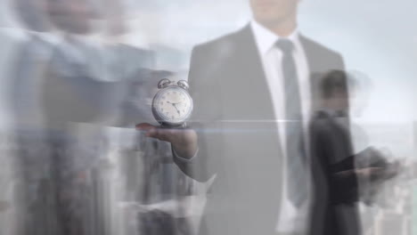 animation of ticking alarm clock over businesspeople in fast motion