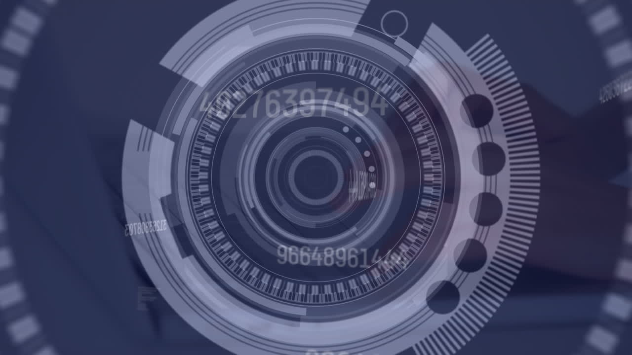 Animation of numbers, scope scanning over person using laptop