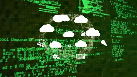 анимация облаков с иконками над цифровым мозгом и обработкой данных