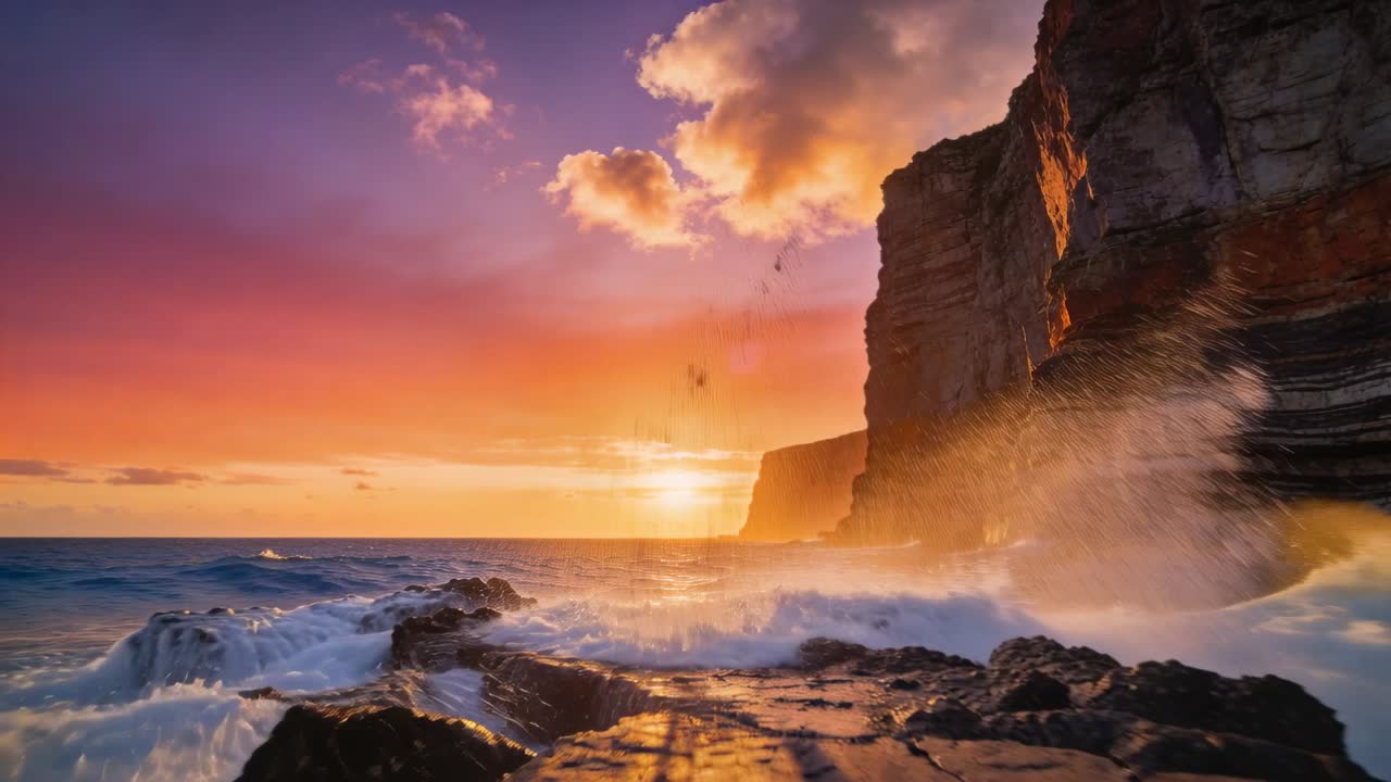 Ondulação se aproximando empurrando ondas quebrando sobre uma plataforma de rocha plana, borrifando o penhasco e refletindo o sol