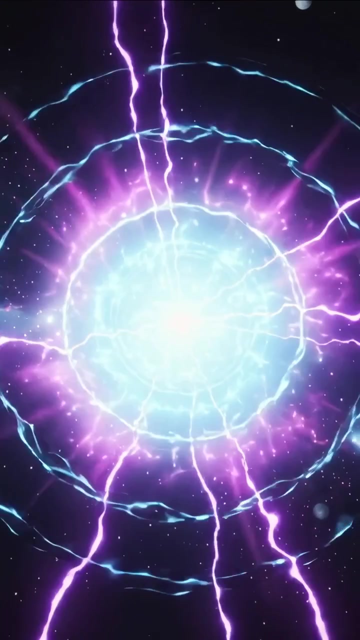 Video verticale: Un orbe centrale luminoso che forma anelli color verde acqua e invia archi viola mentre si carica.
