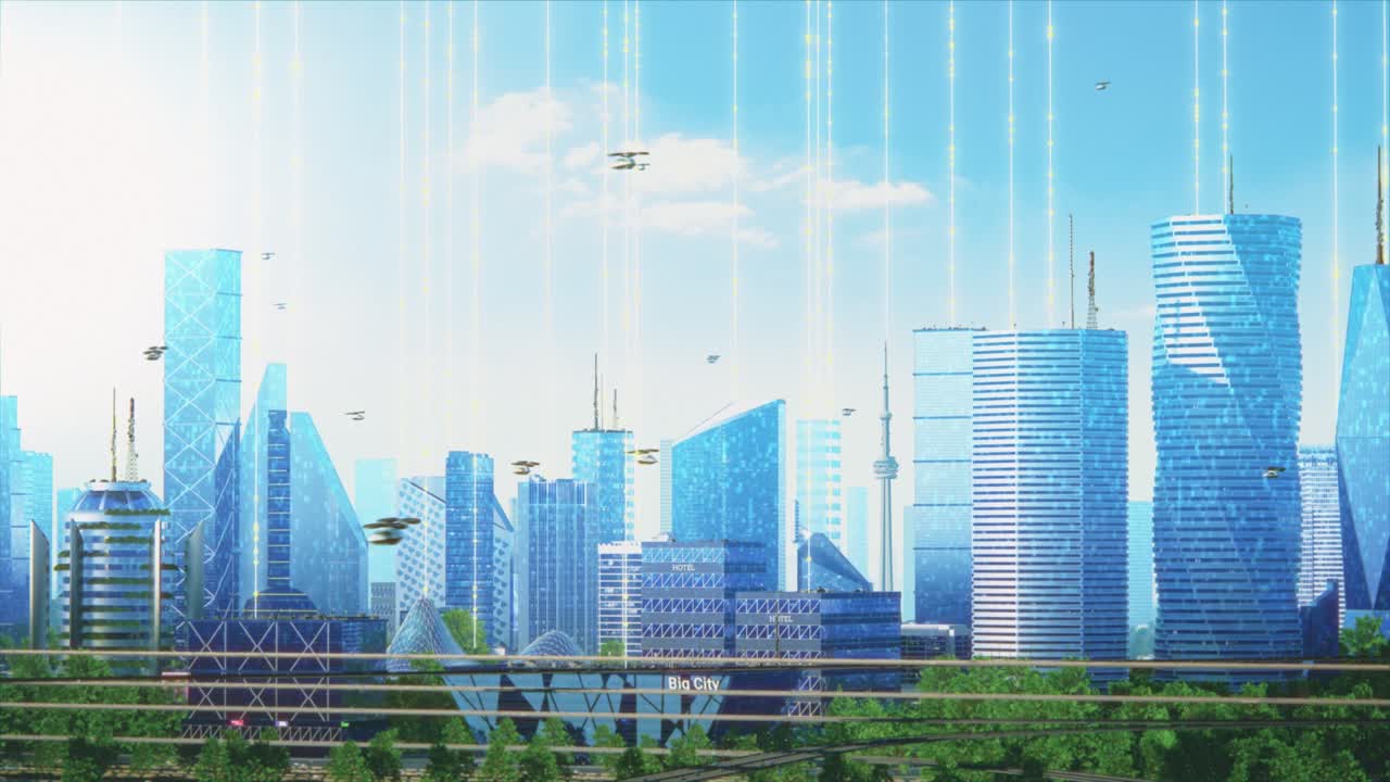 미래의 도시 개념: 글로벌 빅 데이터 연결, 정보 흐름 및 인공 지능 기술을 보여주는 렌더링 된 마천루와 함께 애니메이션 된 현대 도시 메가폴리스의 넓은.