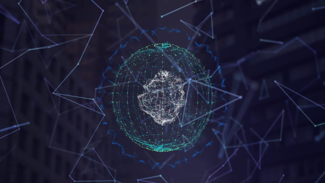 red de conexiones sobre el globo giratorio contra edificios modernos