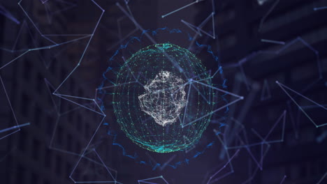 rete di connessioni su globo rotante contro edifici moderni
